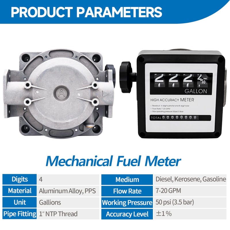 TUNTROL 1 Inch NPT Mechanical Gallon Fuel Flow Meter for Disel Fuel Tank Transfer Pumps, Aluminum 7-20 GPM 4-Digital Batch Display - Image 2